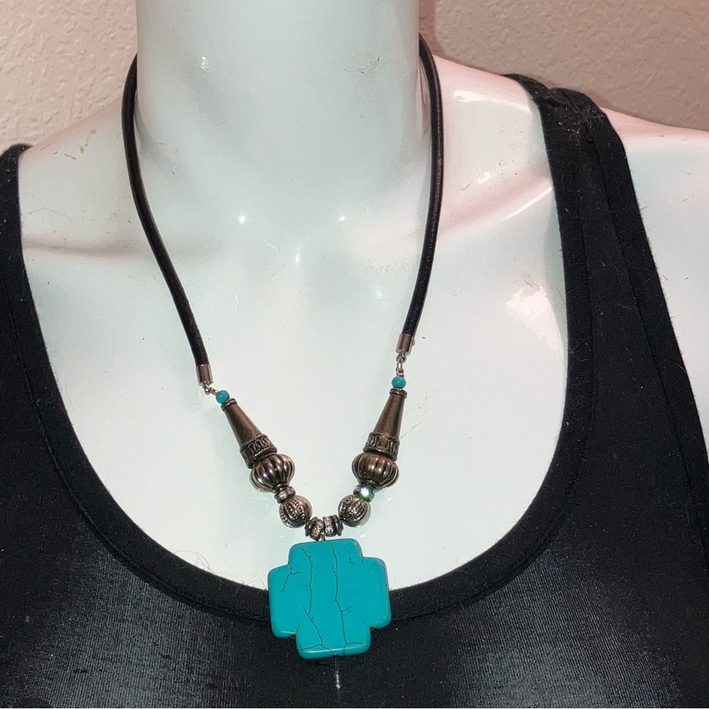 Vintage Turquoise Chakana Necklace w/Braided Leather Cord & Silver Accents